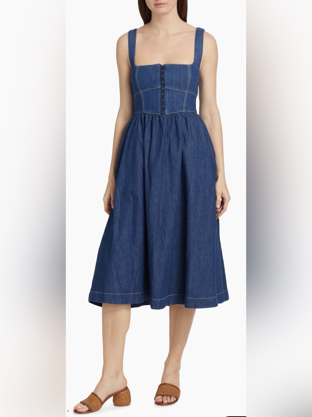 Reformation Tagliatelle Denim Midi Dress Size 0 Blue Corset A-Line Pockets